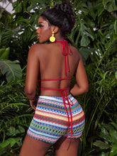 Women Summer Fashionable Vacation Contrast Color Embroidery Detail Halter Neck Top And Shorts Set